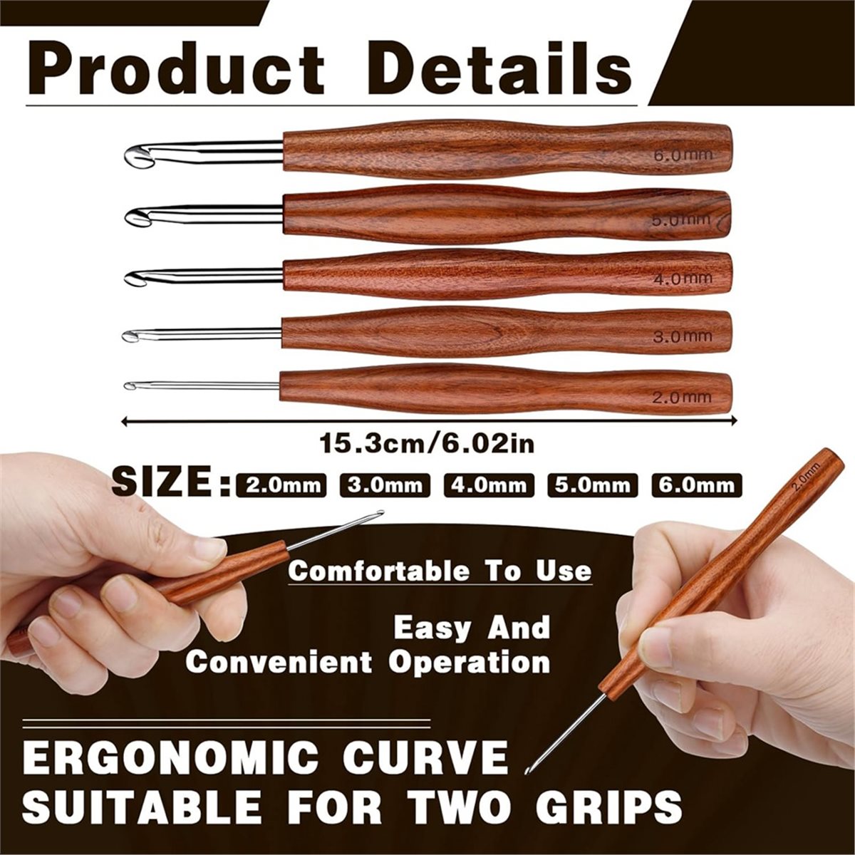 Wooden Crochet Hooks Ergonomic Handle - NOCM 5 stuks haaknaald, 5 maten
