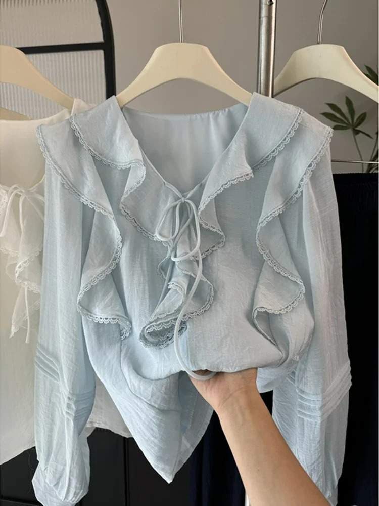 Embroidery - Franse V-hals chique blouse met lange